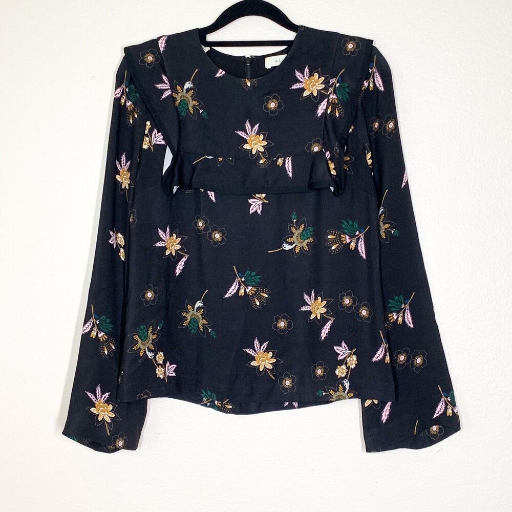 ALC Analeigh Blouse 2 Black Silk Floral Long Sleeve Ruffle Top